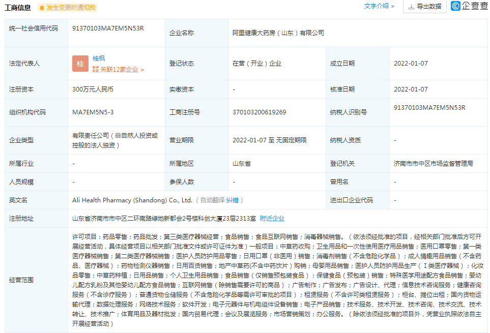 阿里健康大藥房300萬(wàn)濟(jì)南設(shè)新公司，跨界布局廚具衛(wèi)具引關(guān)注
